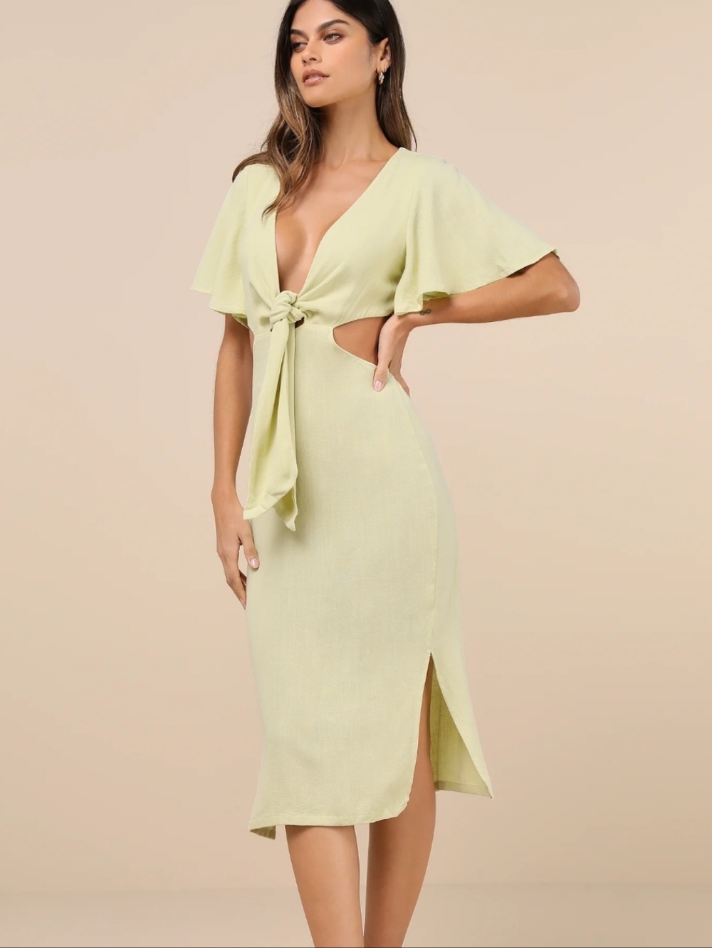 Lulu's Summer Journey Light Green / Lime Tie-Front Cutout Midi Dress - Picture 3 of 9